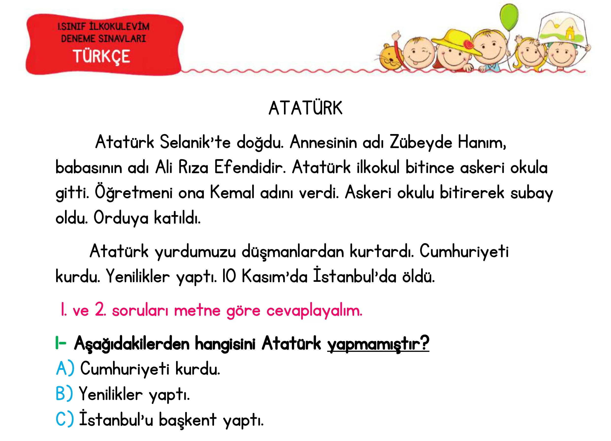 1. Sınıf Türkiye Geneli Ara Tatil Değerlendirme Sınavı