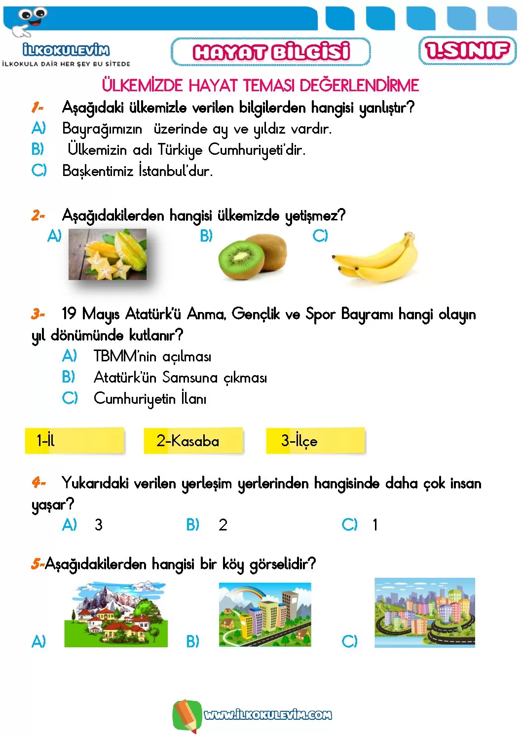 1. Sınıf Hayat Bilgisi Tarama Sınavı 1