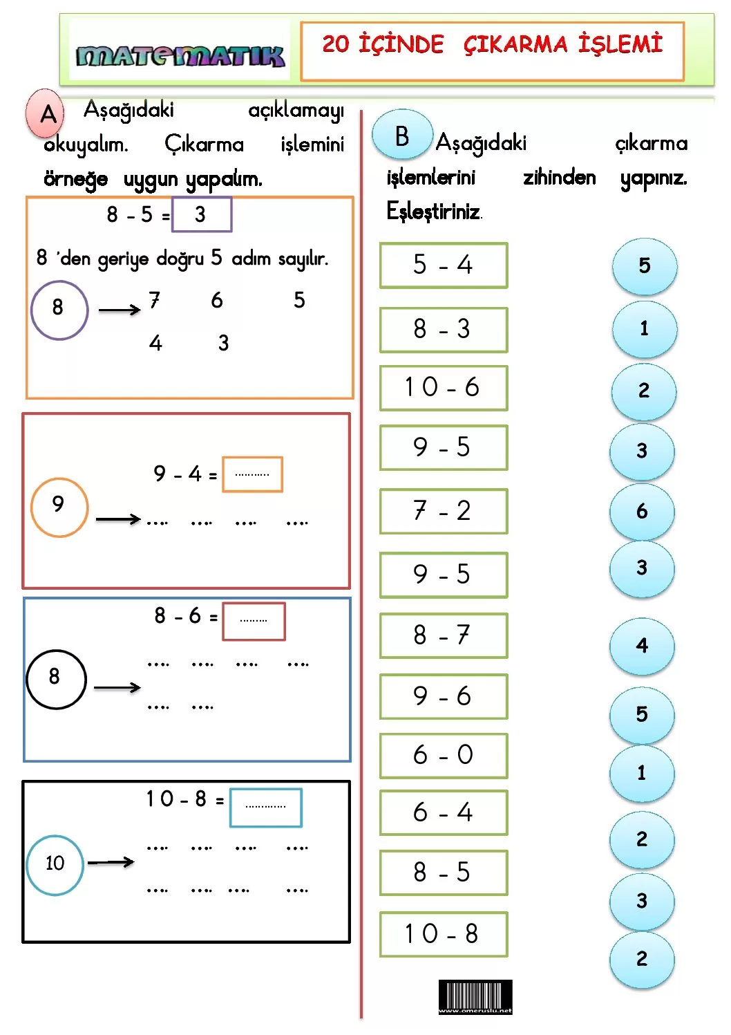 1. Sınıf Matematik Çıkarma İşlemi Etkinliği 2