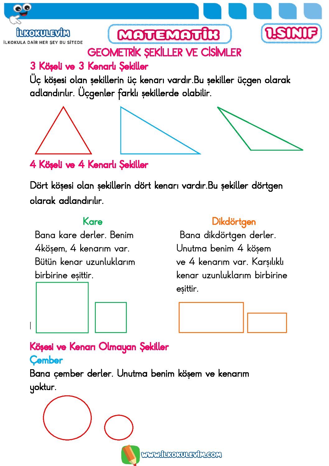 1. Sınıf Matematik Geometrik Cisim ve Şekiller