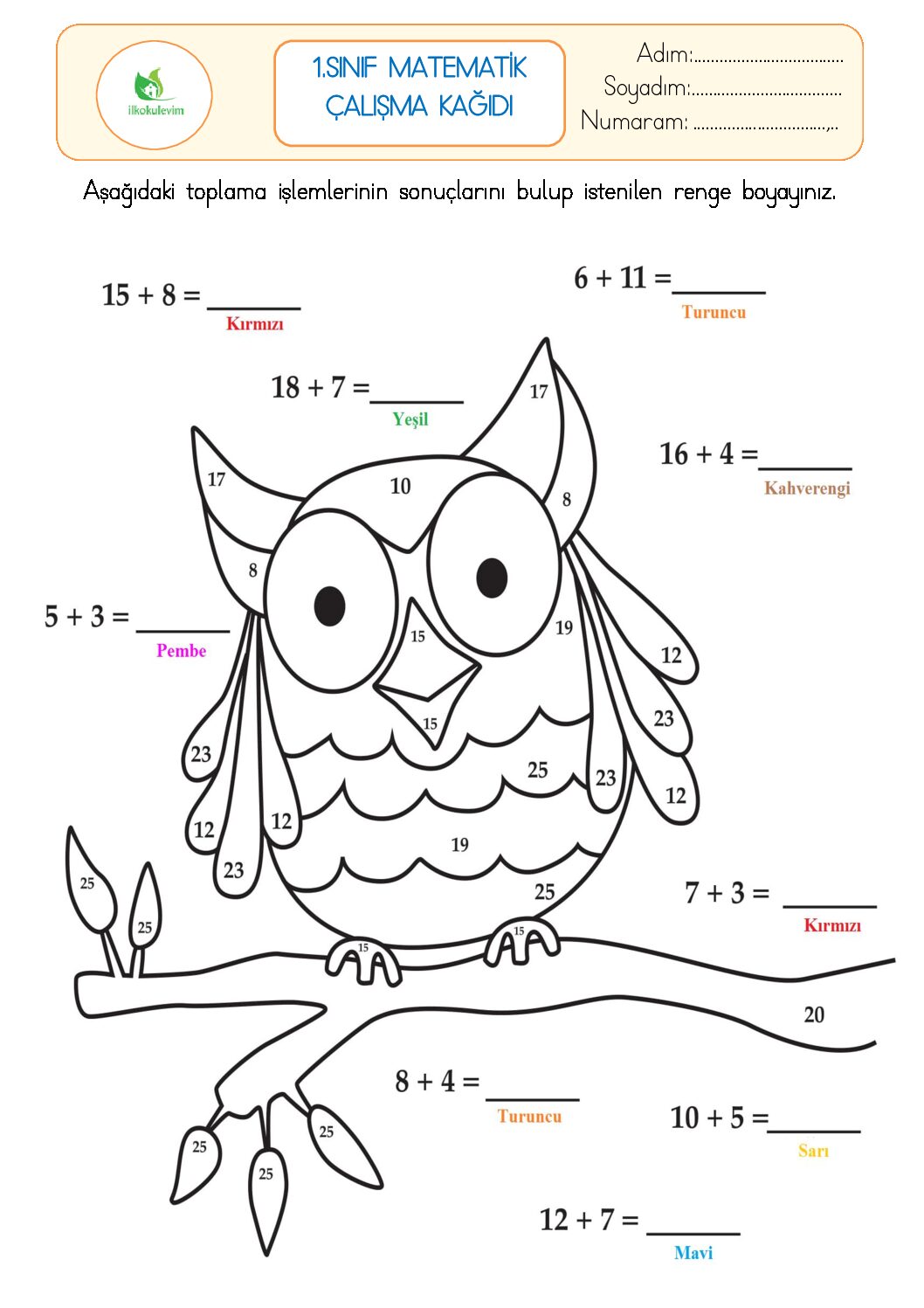 1. Sınıf Matematik Toplama İşlemi Etkinliği 1