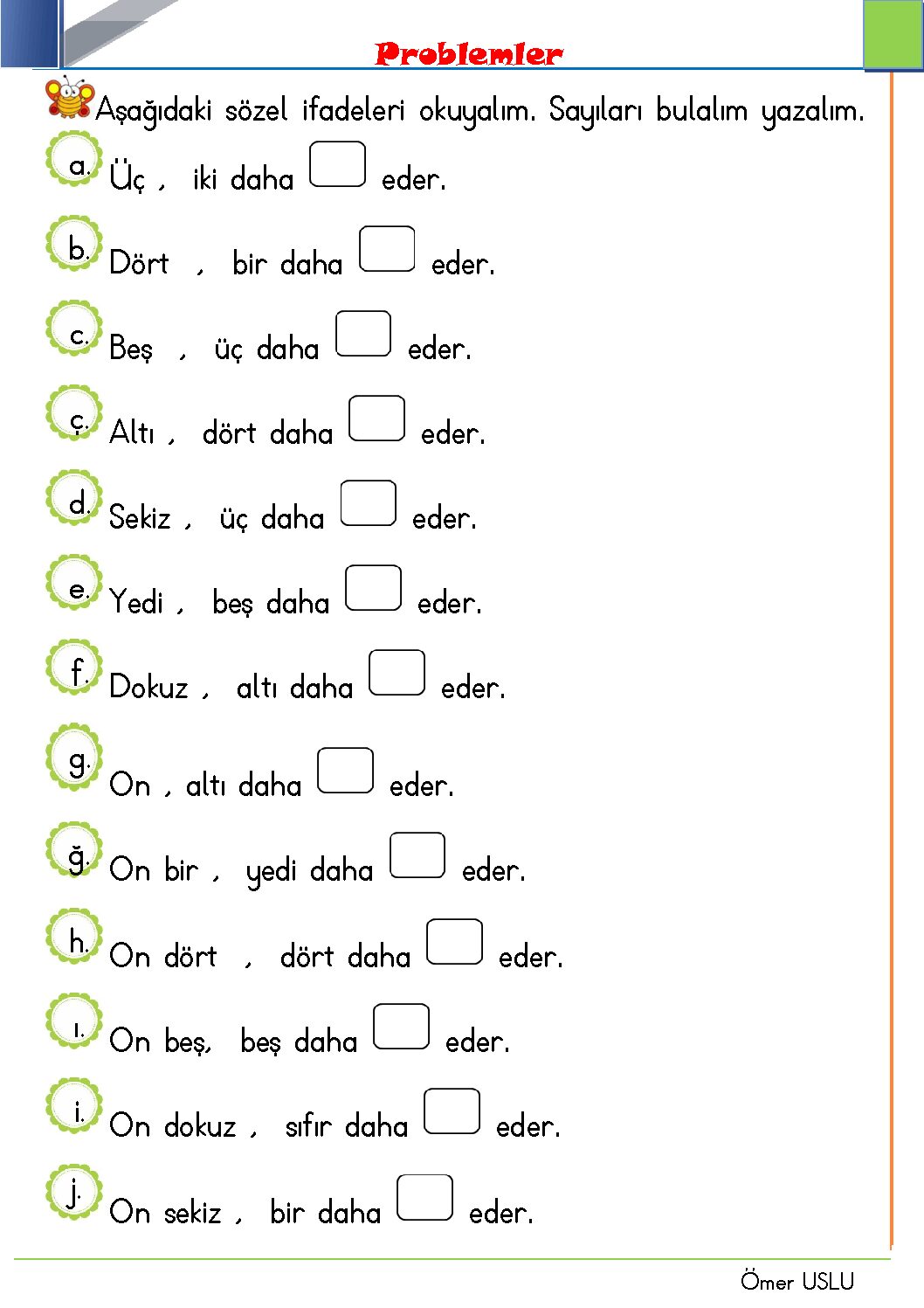1. Sınıf Matematik Toplama İşlemi Problemleri Etkinliği 3