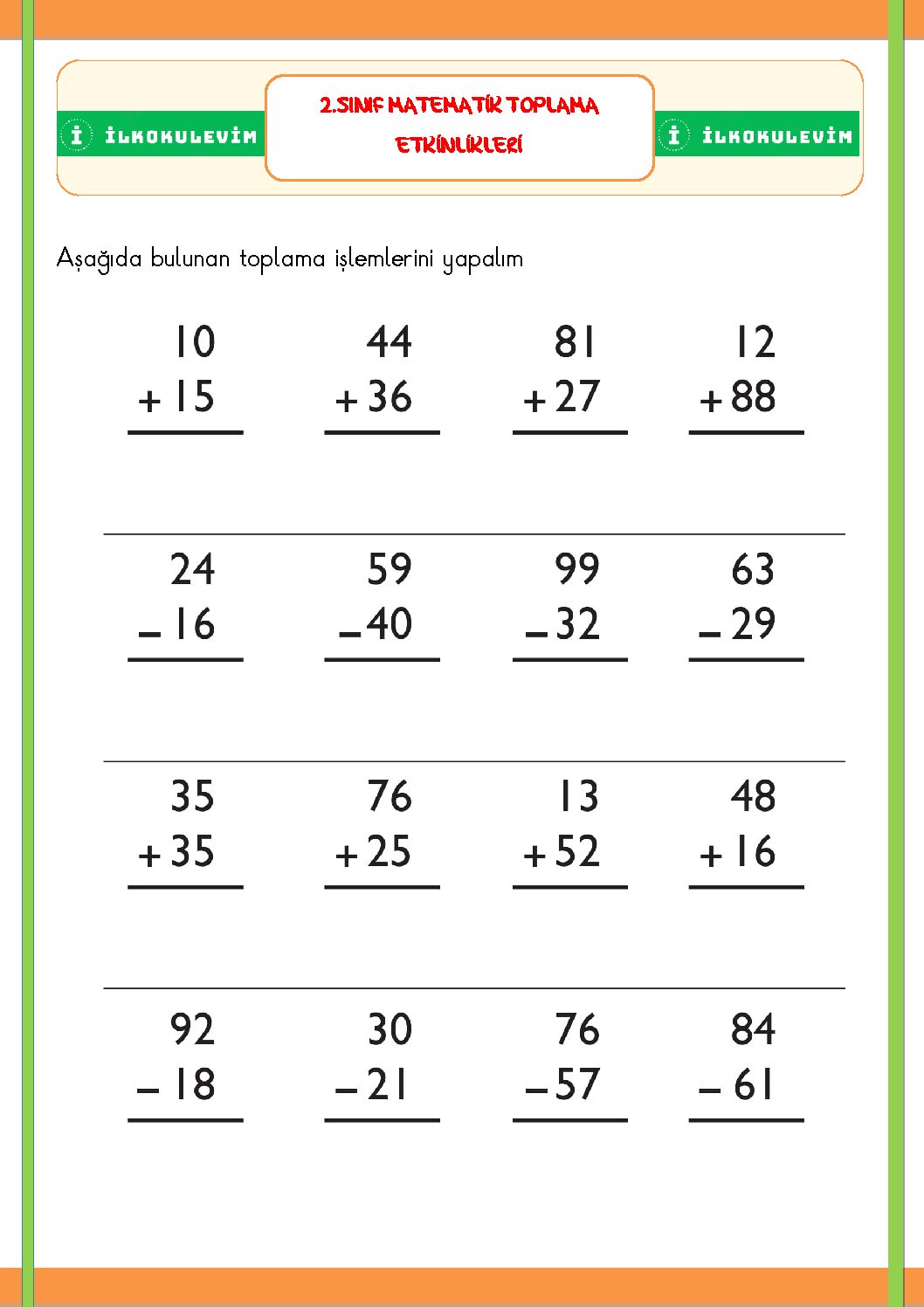 1. Sınıf Matematik Zihinden Toplama ve Çıkarma İşlemi Etkinliği 2