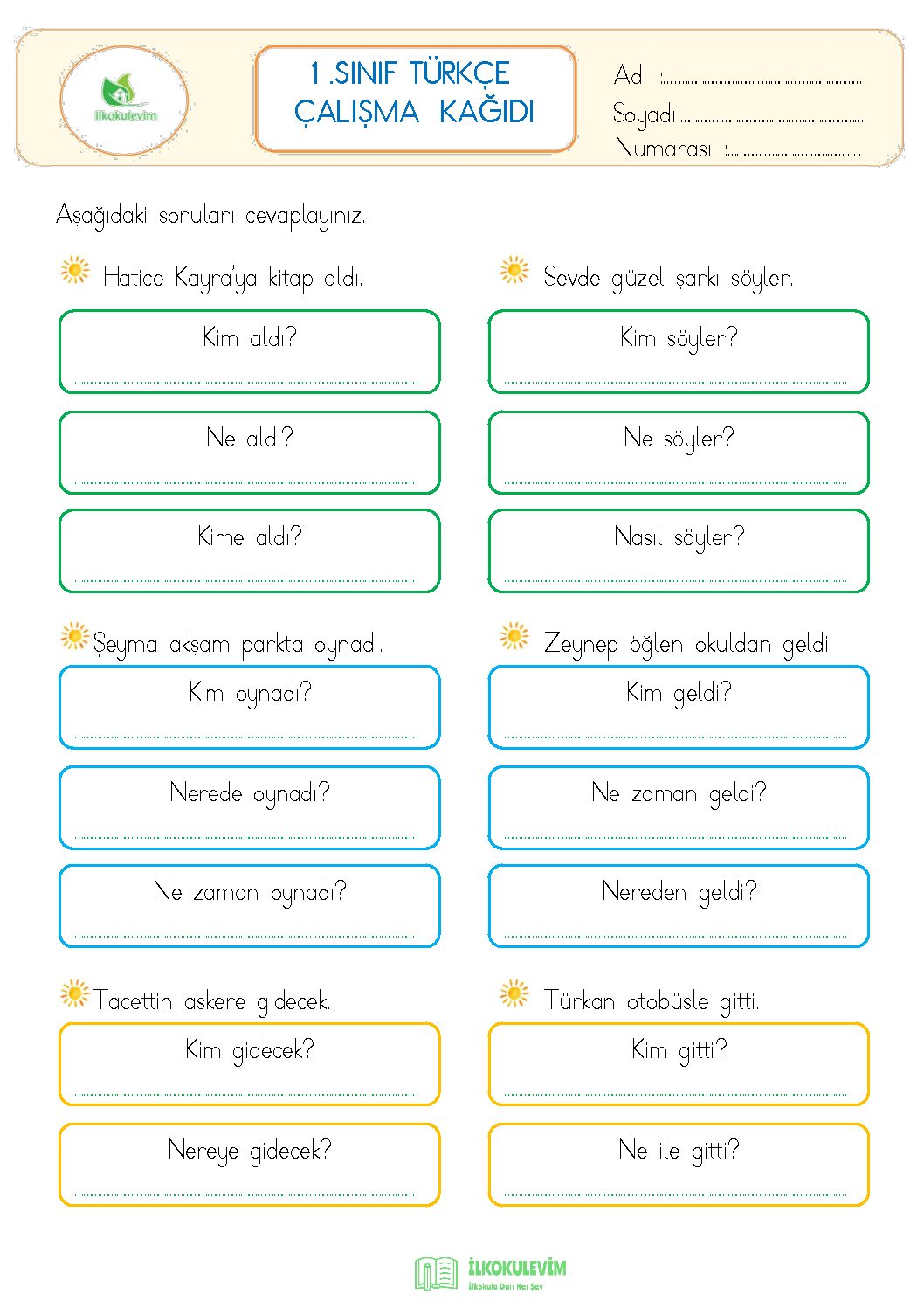 1. Sınıf Türkçe 5N1K Etkinliği 1