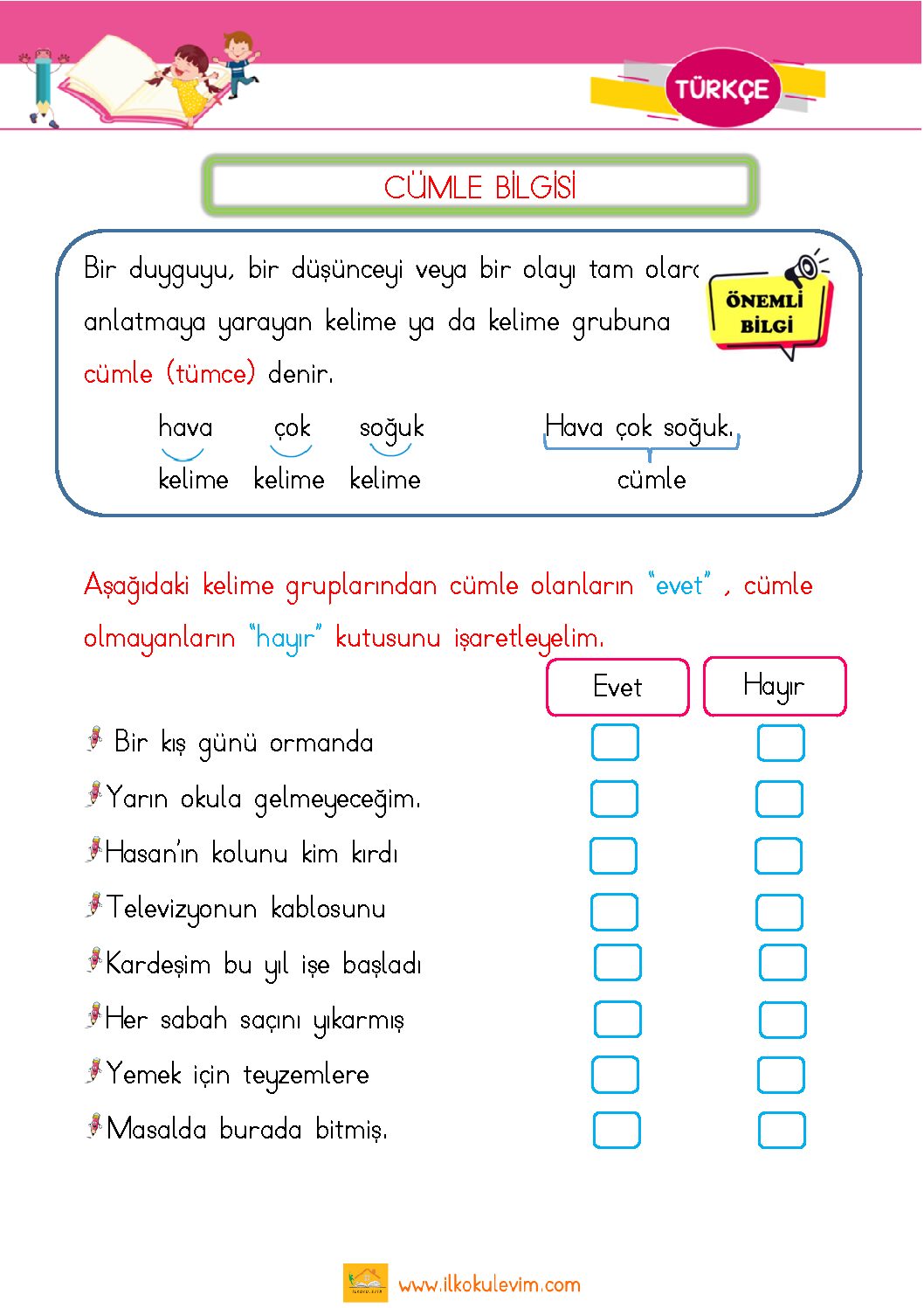 1. Sınıf Türkçe Cümle Bilgisi (PDF 5 Sayfa)