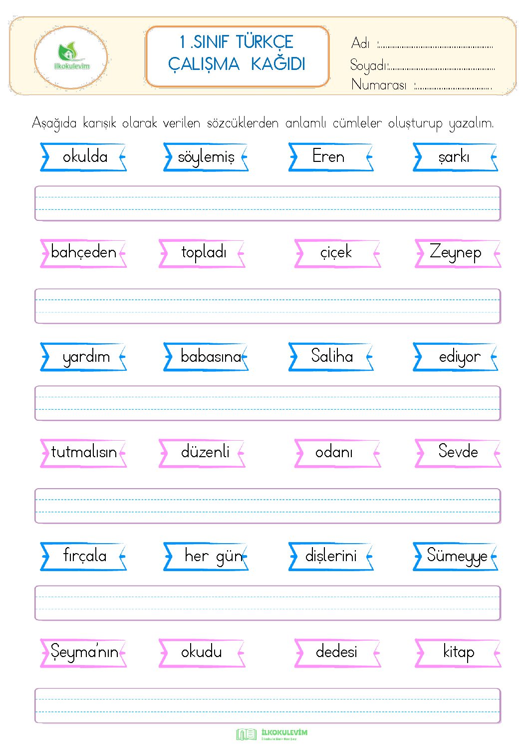 1. Sınıf Türkçe Cümle Kurma Çalışması