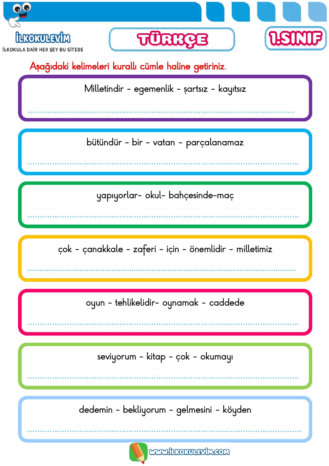 1. Sınıf Türkçe Cümle Oluşturma ve Satır Sonuna Sığmayan Kelimeler Etkinliği