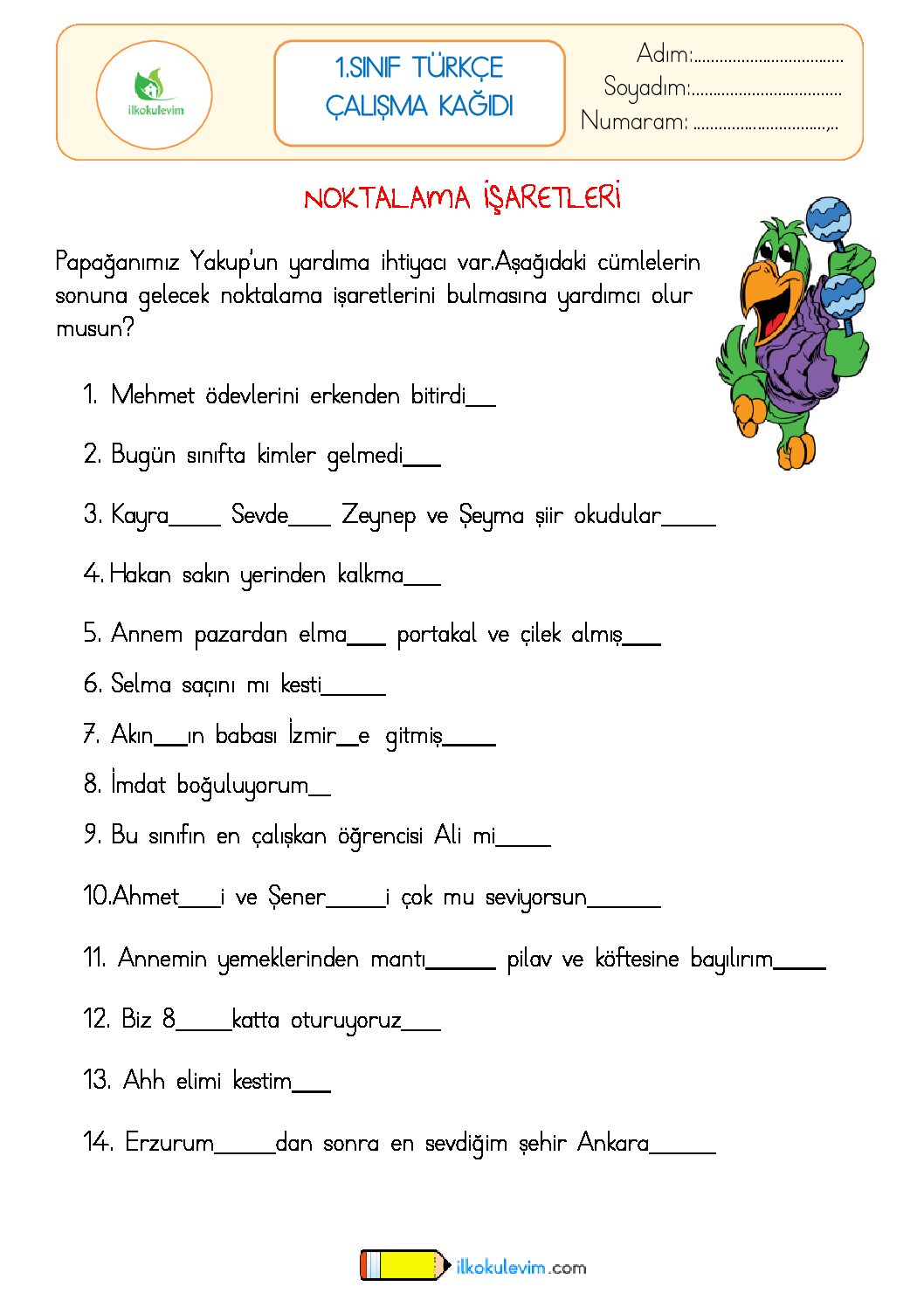 1. Sınıf Türkçe Noktalama İşaretleri Etkinliği 1