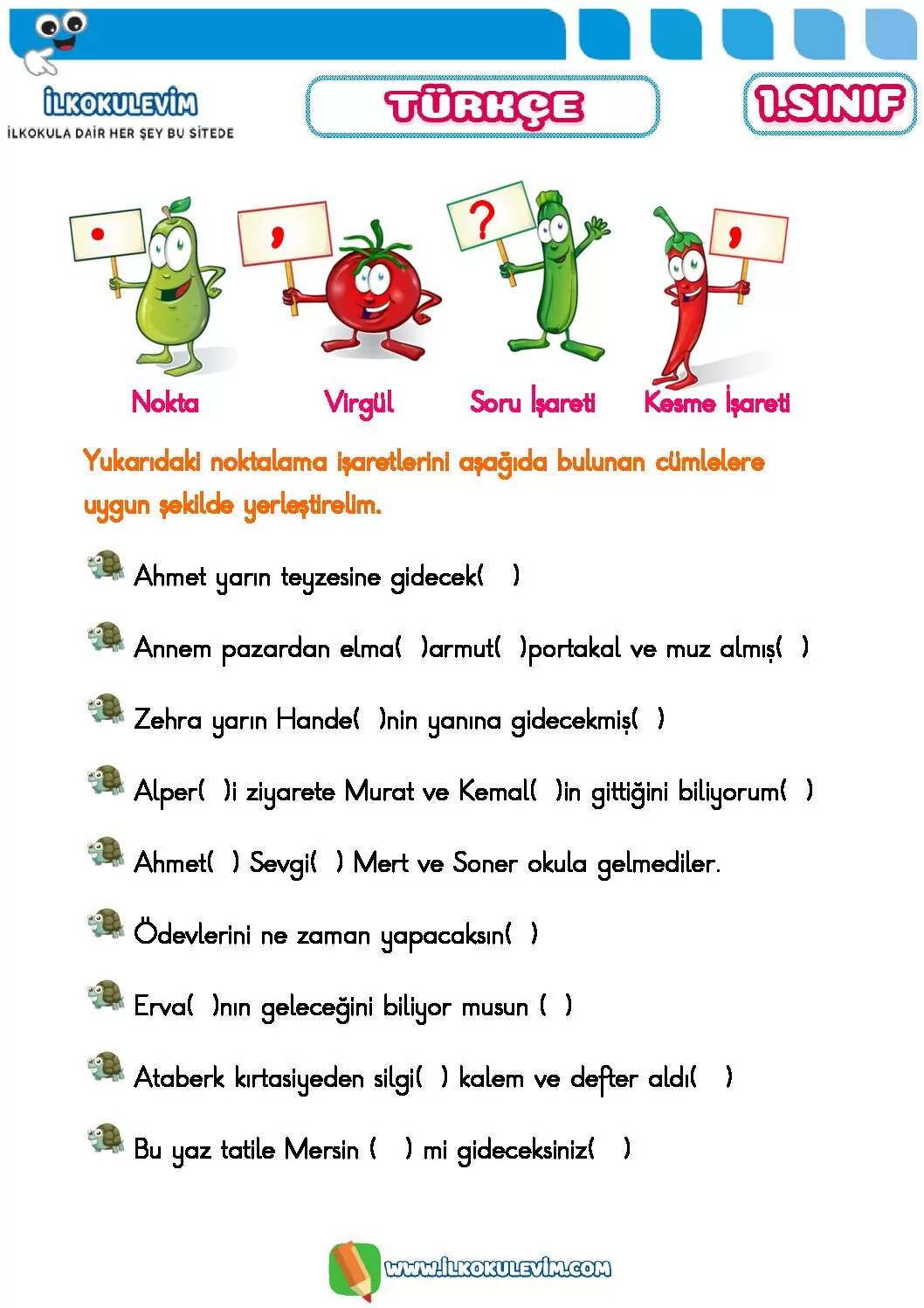 1. Sınıf Türkçe Noktalama İşaretleri Etkinliği 4