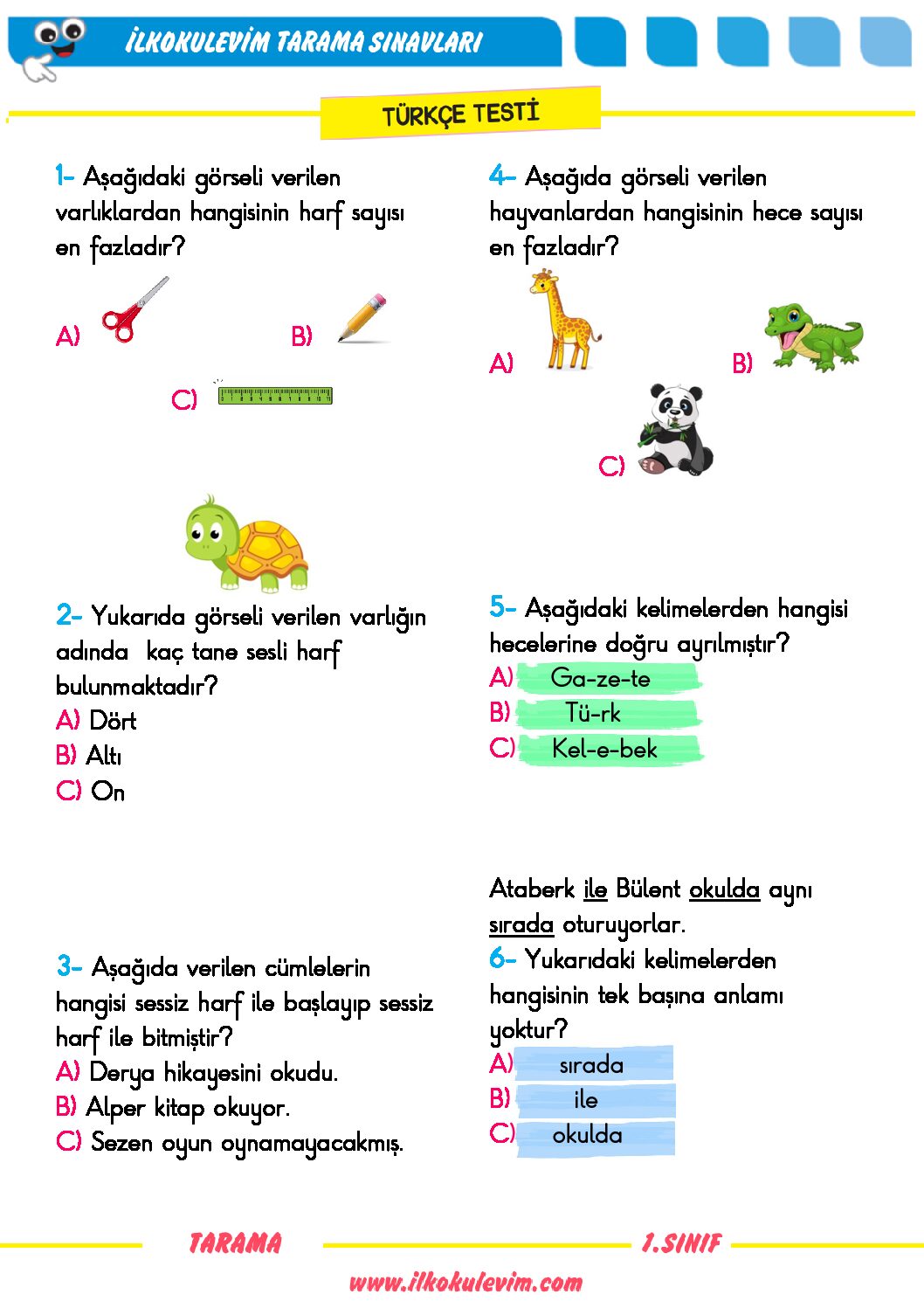 1. Sınıf Türkçe Tarama Sınavı 1