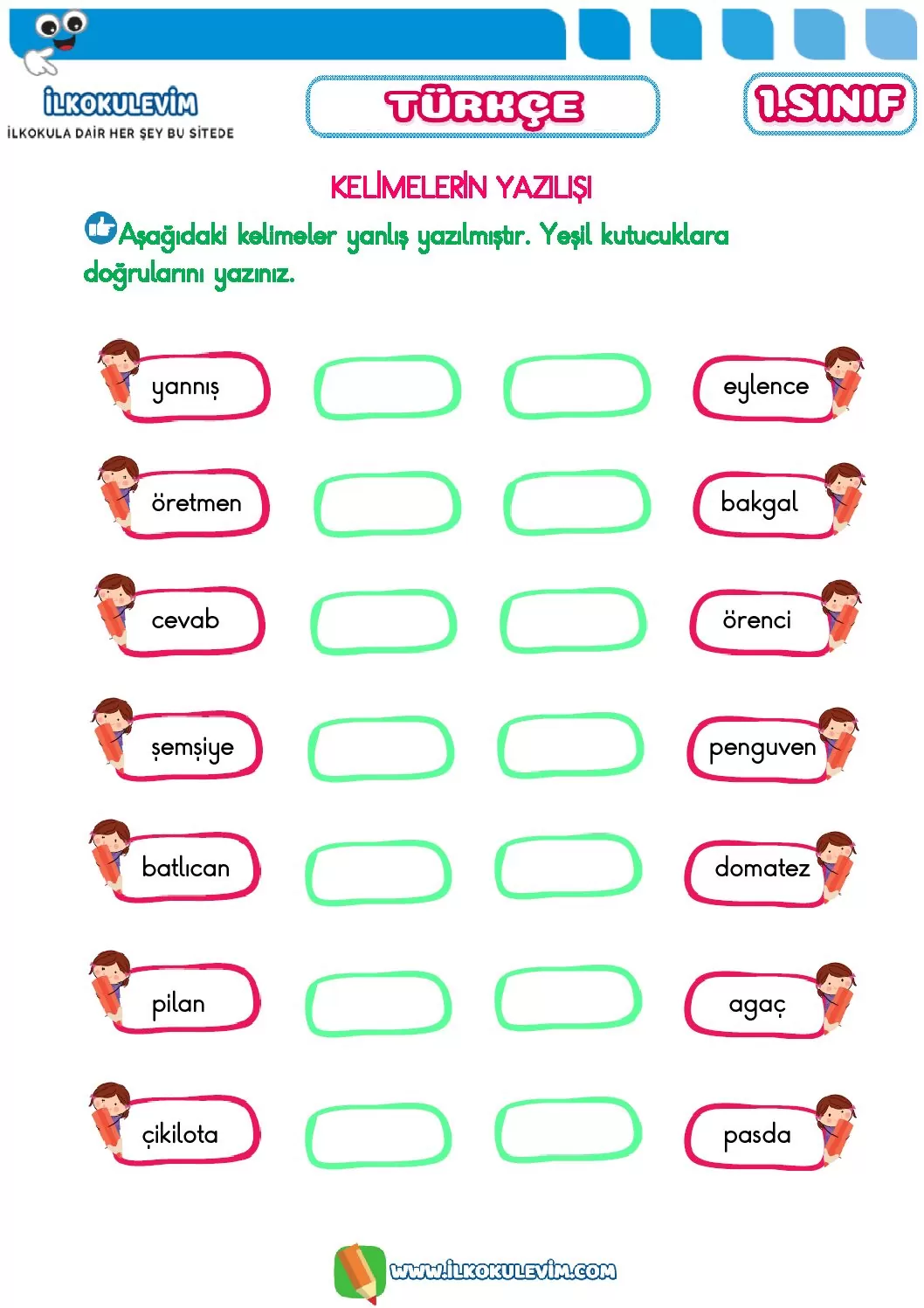 1 sinif turkce yanlis yazilan kelimeler etkinligi pdf