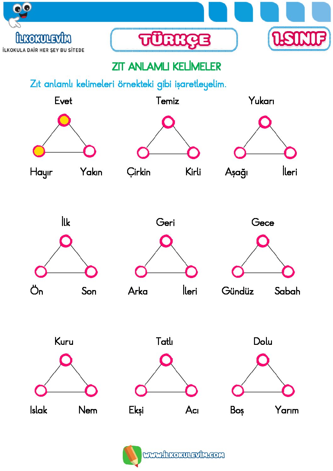 1. Sınıf Türkçe Zıt Anlamlı Kelimeler Etkinliği 1