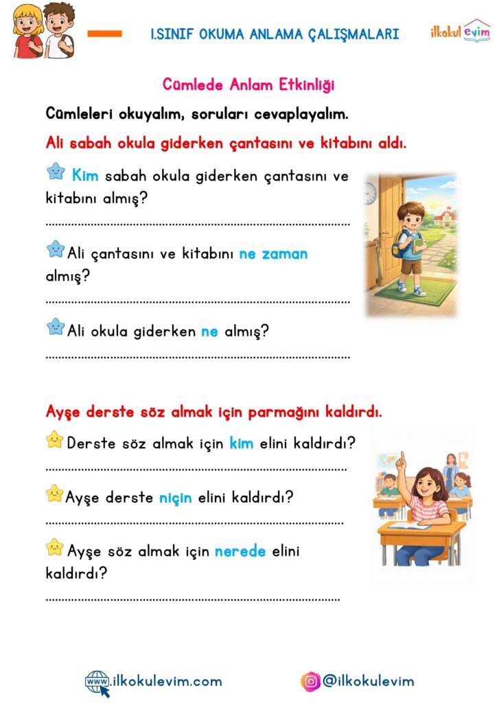 1.Sınıf Okuma Anlama Etkinlikleri