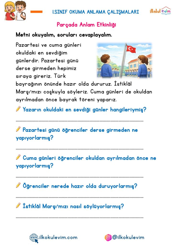 1.Sınıf Okuma Anlama Etkinlikleri