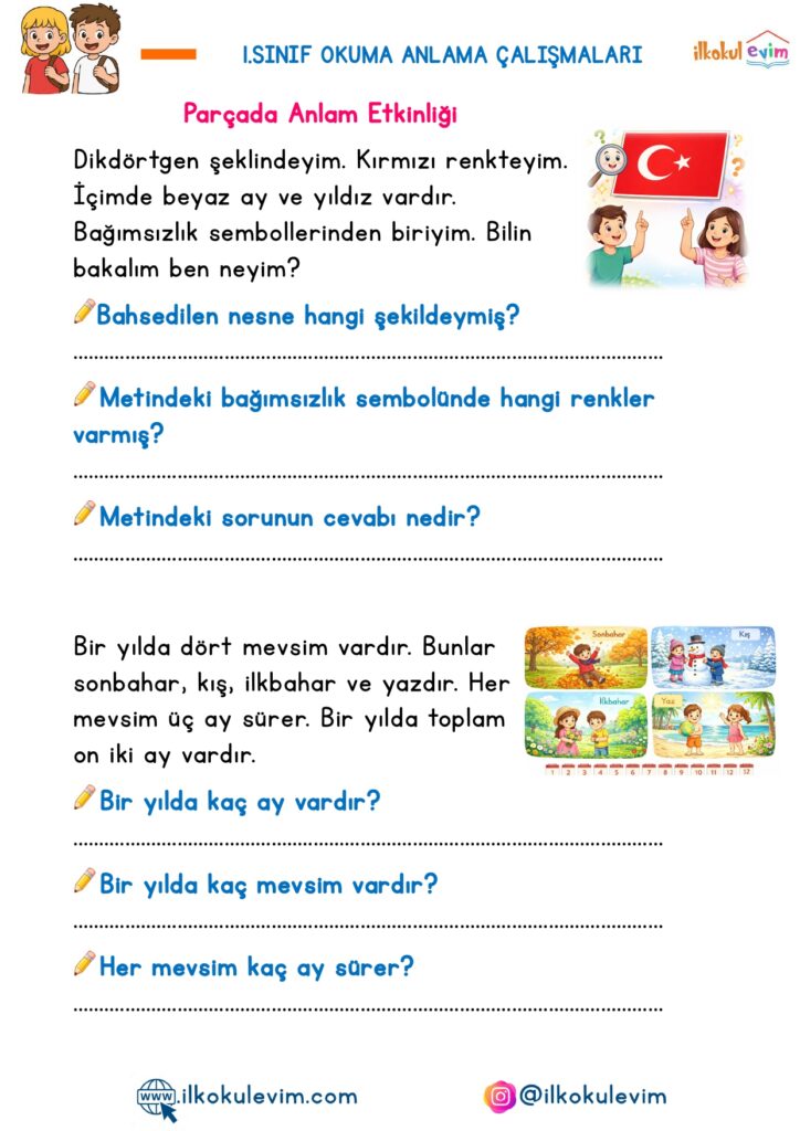 1.Sınıf Okuma Anlama Etkinlikleri