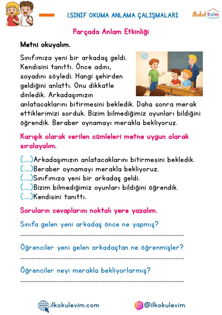 1.Sınıf Okuma Anlama Etkinlikleri