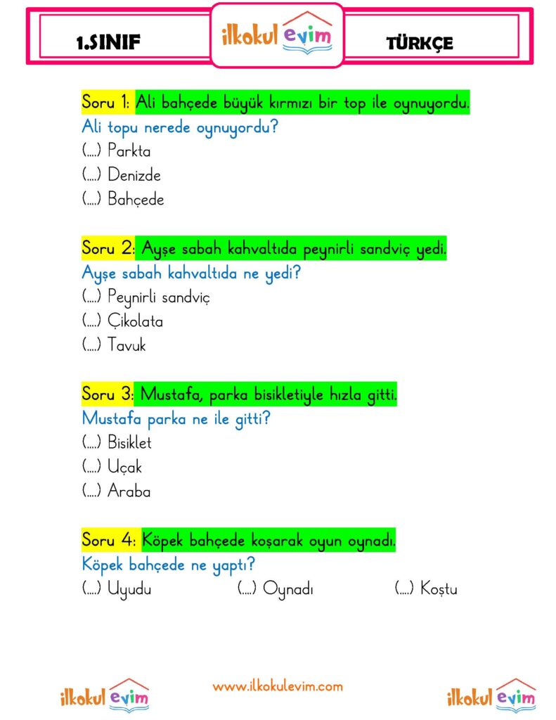 1.Sınıf Cümle Okuma Anlama Soruları