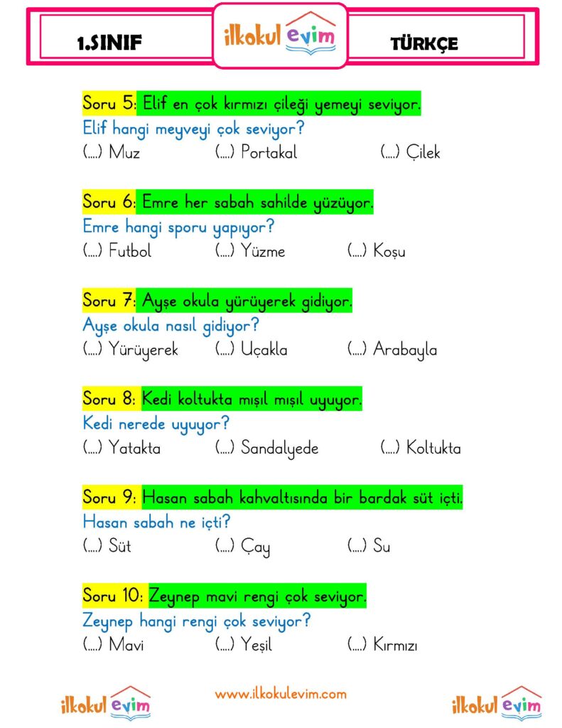 1.Sınıf Cümle Okuma Anlama Soruları