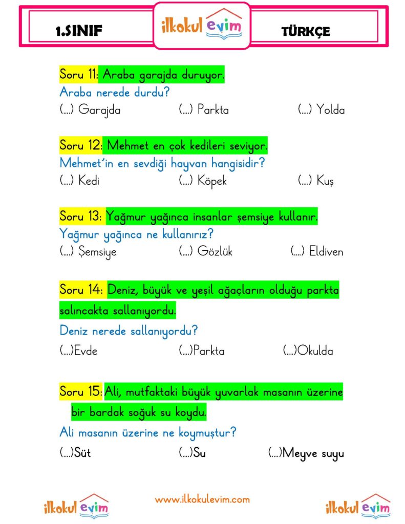1.Sınıf Cümle Okuma Anlama Soruları