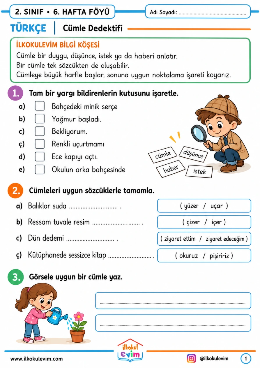 2. Sınıf 6. Hafta Föyü Türkçe örnek etkinlik sayfası