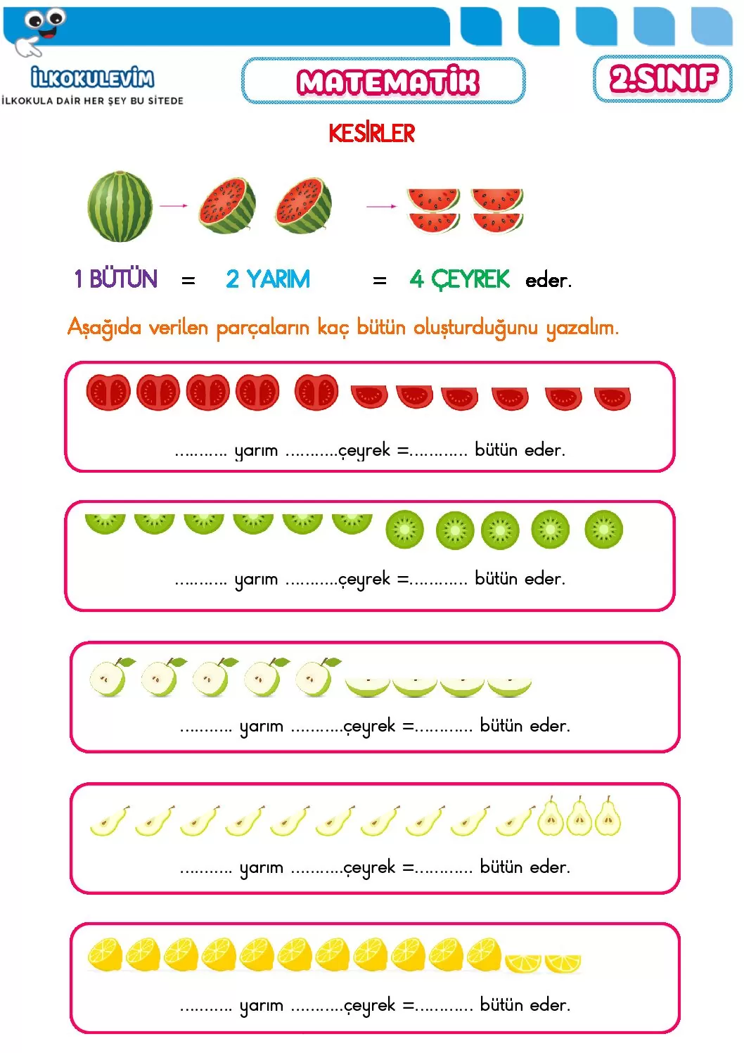 2. Sınıf Matematik Kesirler Etkinliği 1