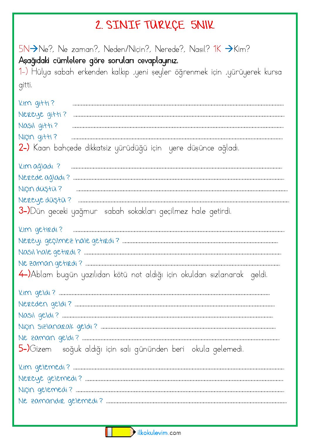 2. Sınıf Türkçe 5N1K Etkinliği 1