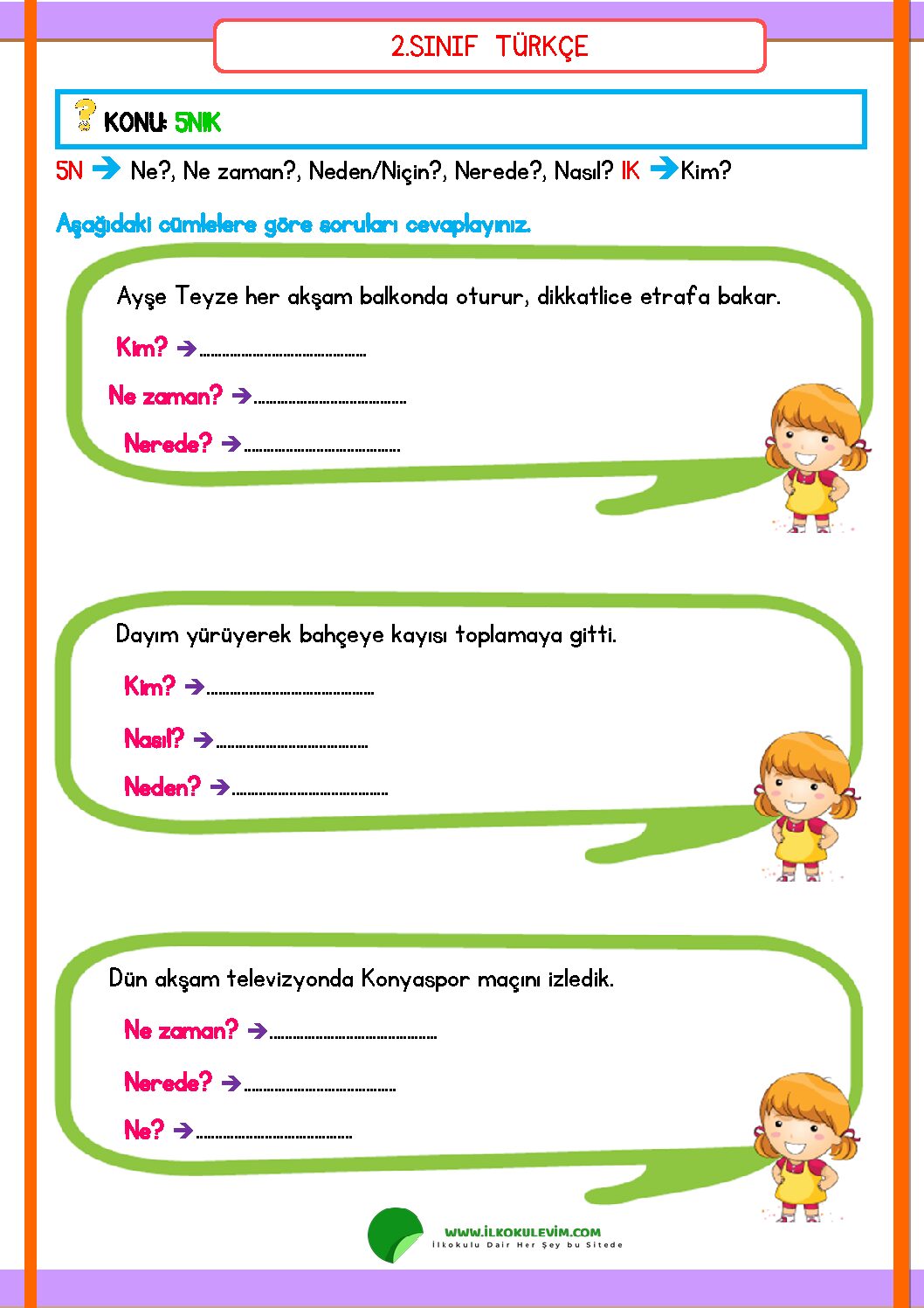 2. Sınıf Türkçe 5N1K Etkinliği 2