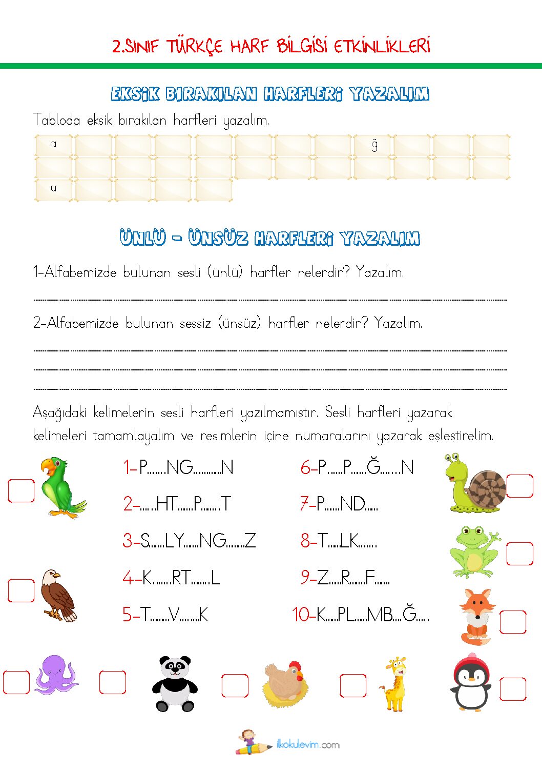 2. Sınıf Türkçe Harf Bilgisi Etkinliği 1