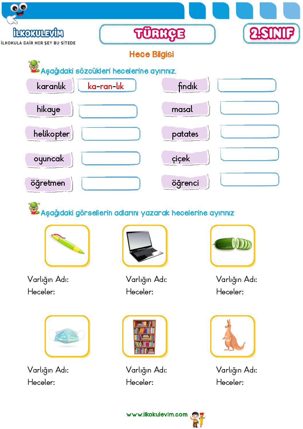 2. Sınıf Türkçe Hece Bilgisi Etkinliği 2