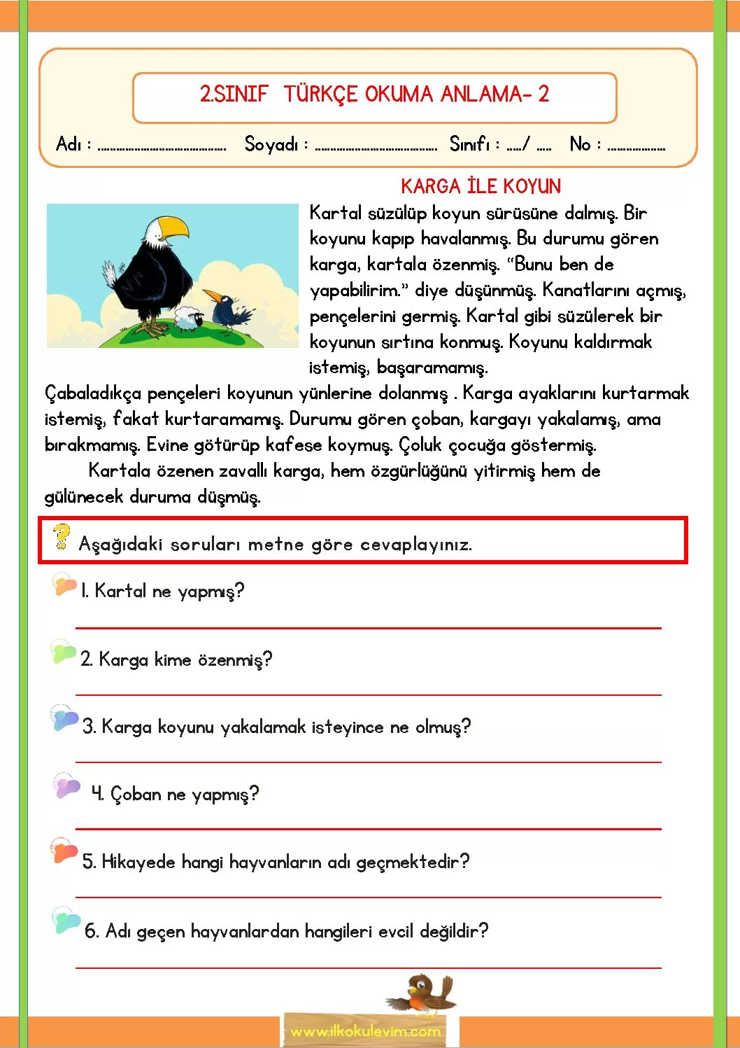 2. Sınıf Türkçe Okuma Anlama Etkinliği 2