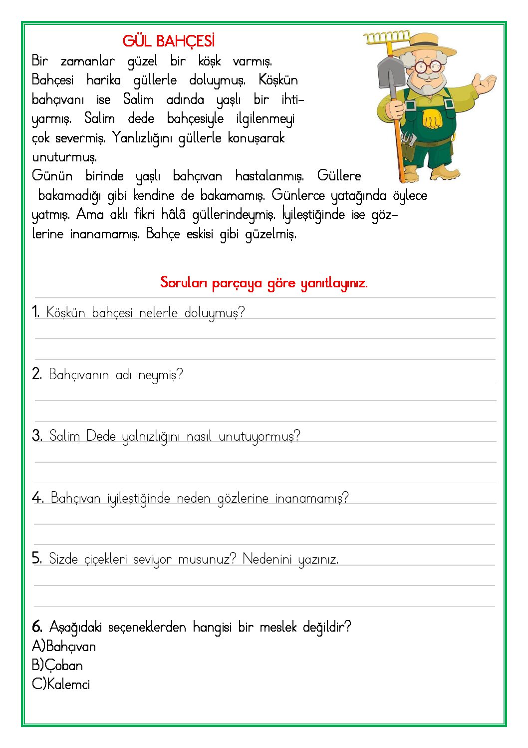 2. Sınıf Türkçe Okuma Anlama Etkinliği 8