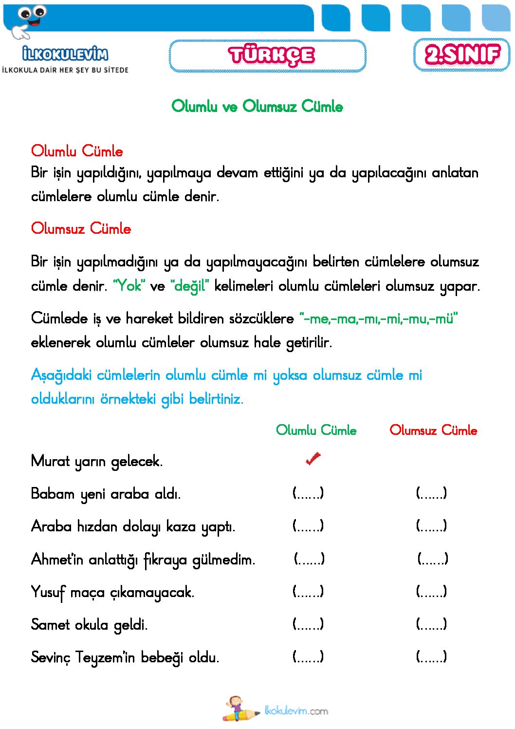 2. Sınıf Türkçe Olumlu ve Olumsuz Cümle Etkinliği 1