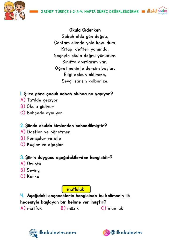 2.Sınıf Türkçe 1-2-3-4. Hafta Süreç Değerlendirme