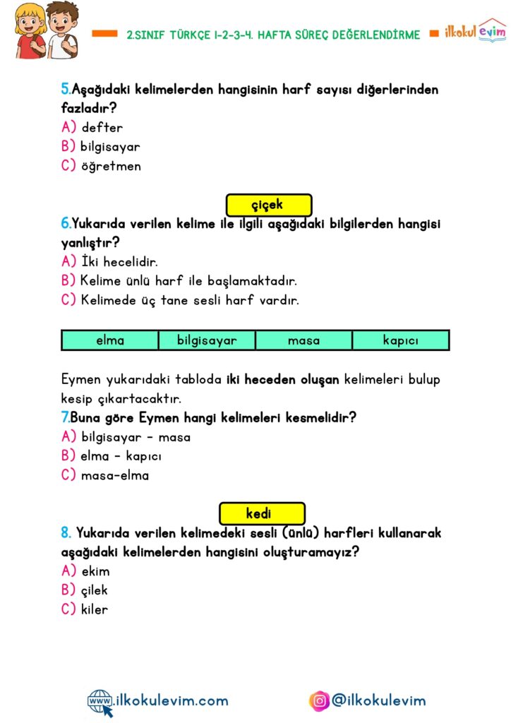 2.Sınıf Türkçe 1-2-3-4. Hafta Süreç Değerlendirme