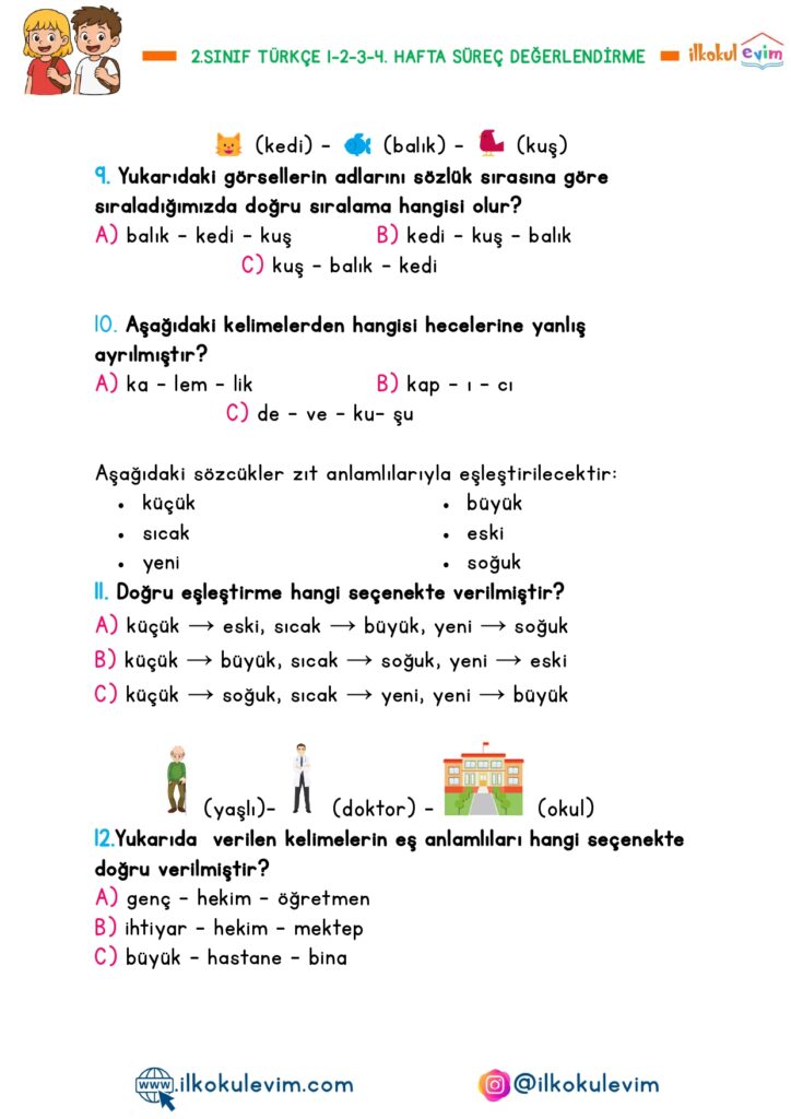 2.Sınıf Türkçe 1-2-3-4. Hafta Süreç Değerlendirme