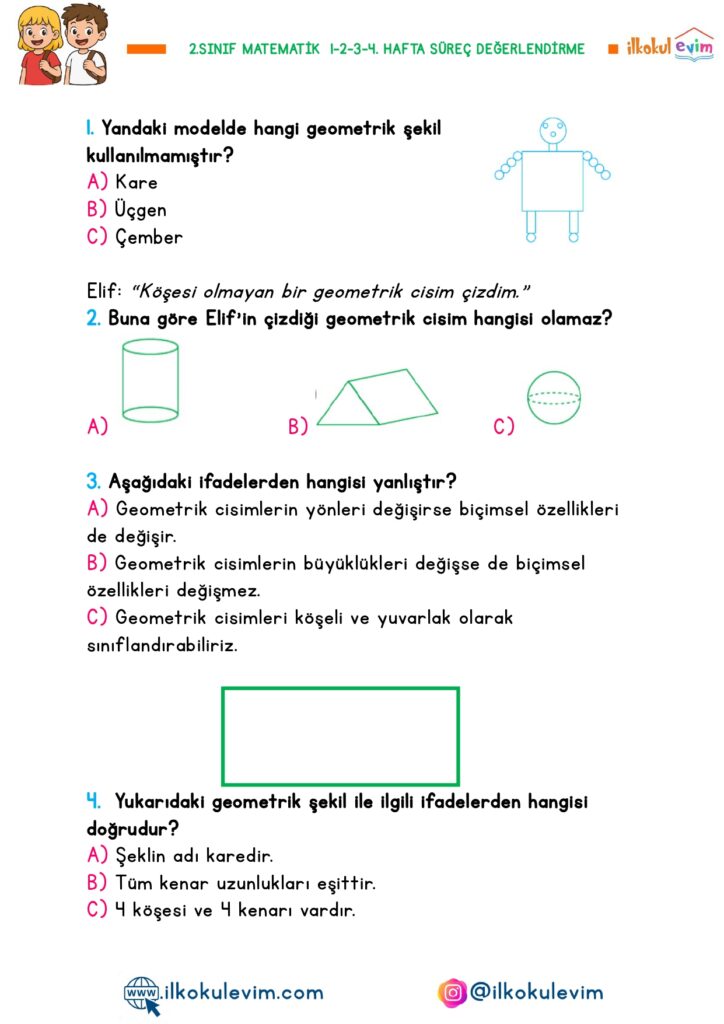 2.Sınıf Matematik 1-2-3-4. Hafta Süreç Değerlendirme