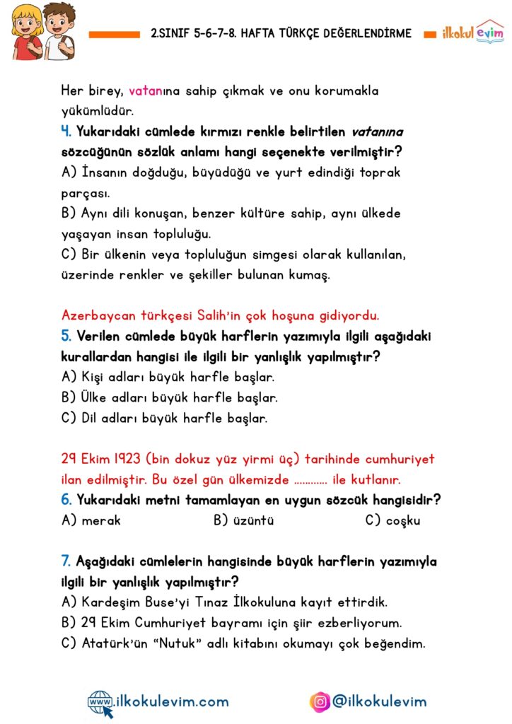 2.Sınıf 5-6-7-8. Hafta Türkçe Değerlendirme