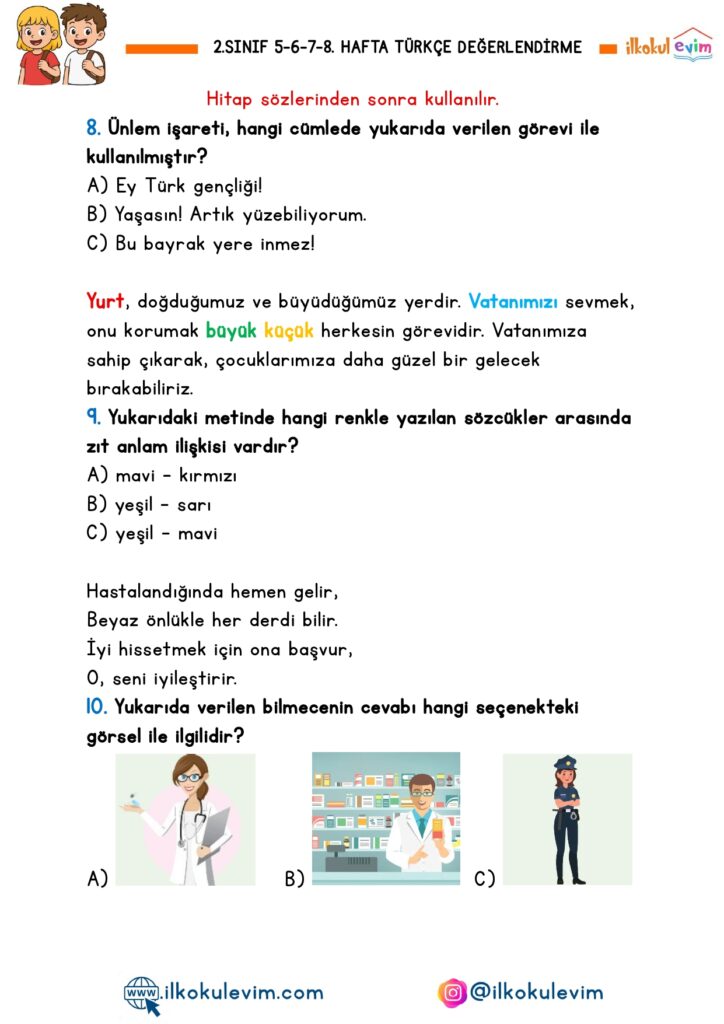 2.Sınıf 5-6-7-8. Hafta Türkçe Değerlendirme
