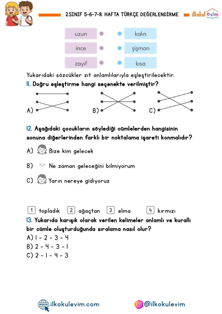 2.Sınıf 5-6-7-8. Hafta Türkçe Değerlendirme