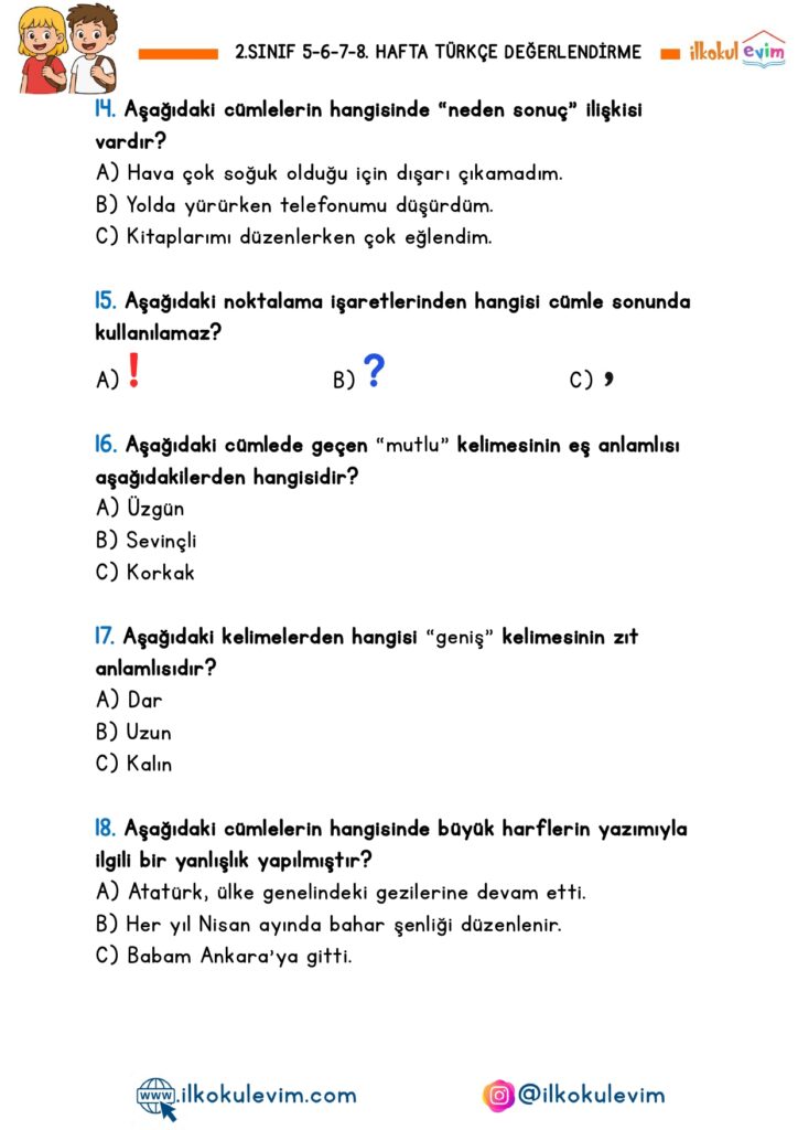 2.Sınıf 5-6-7-8. Hafta Türkçe Değerlendirme