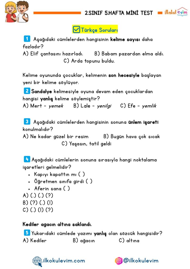 2.Sınıf 5.Hafta Mini Test