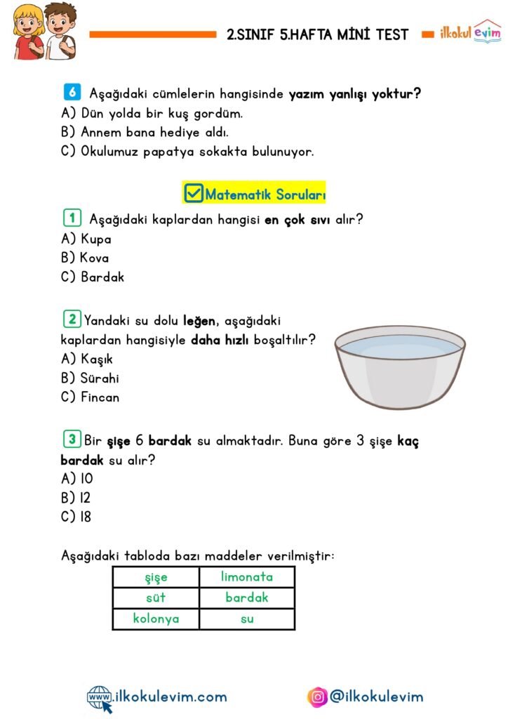 2.Sınıf 5.Hafta Mini Test