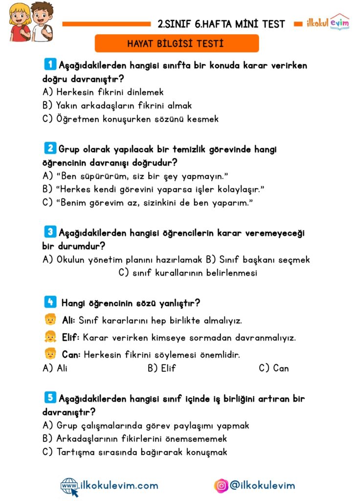 2.Sınıf 6.Hafta Mini Test