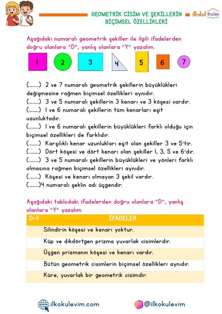 2.Sınıf Geometrik Şekil ve Cisimlerin Biçimsel Özellikleri