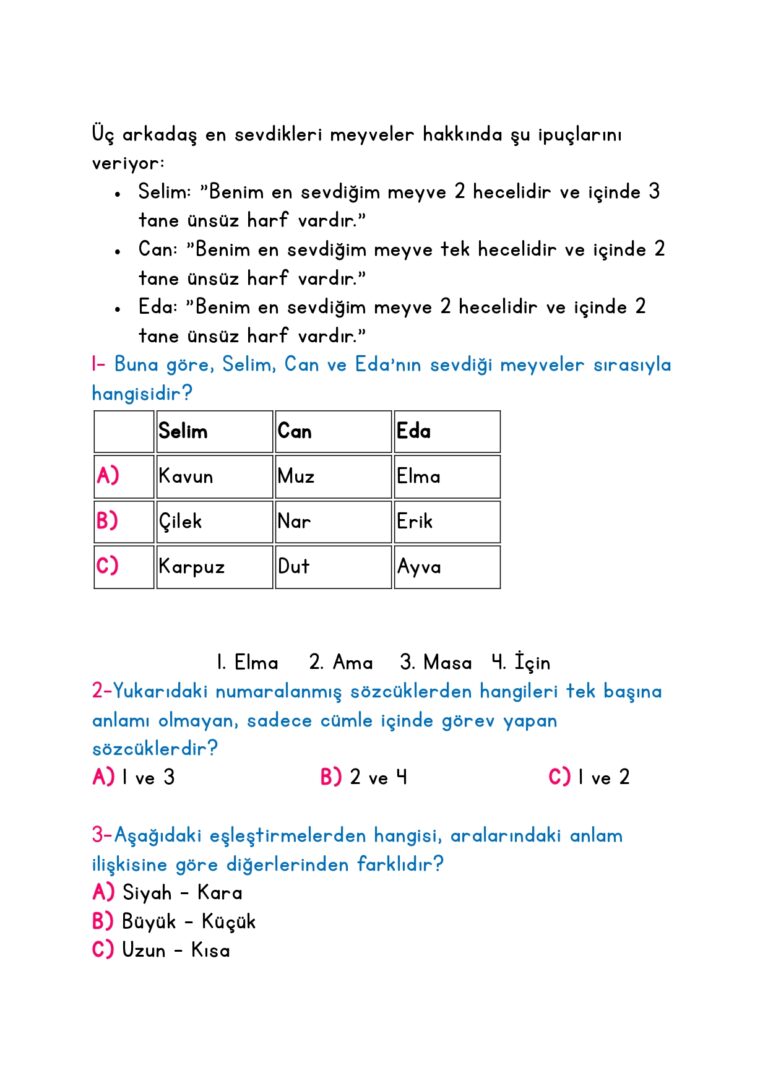 2.Sınıf Çözümlü Tarama Sınavı