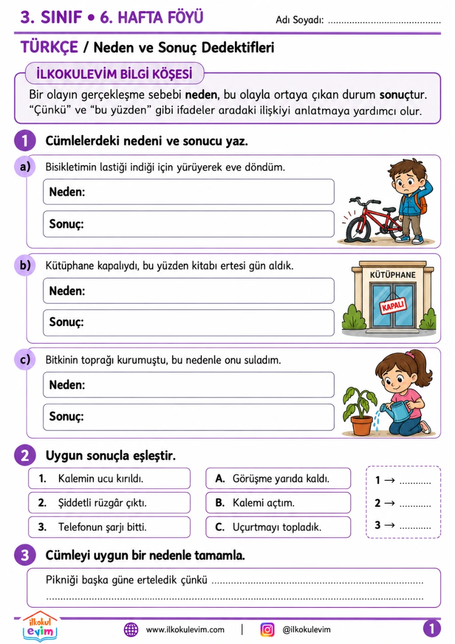 3. Sınıf 6. Hafta Föyü Türkçe örnek etkinlik sayfası