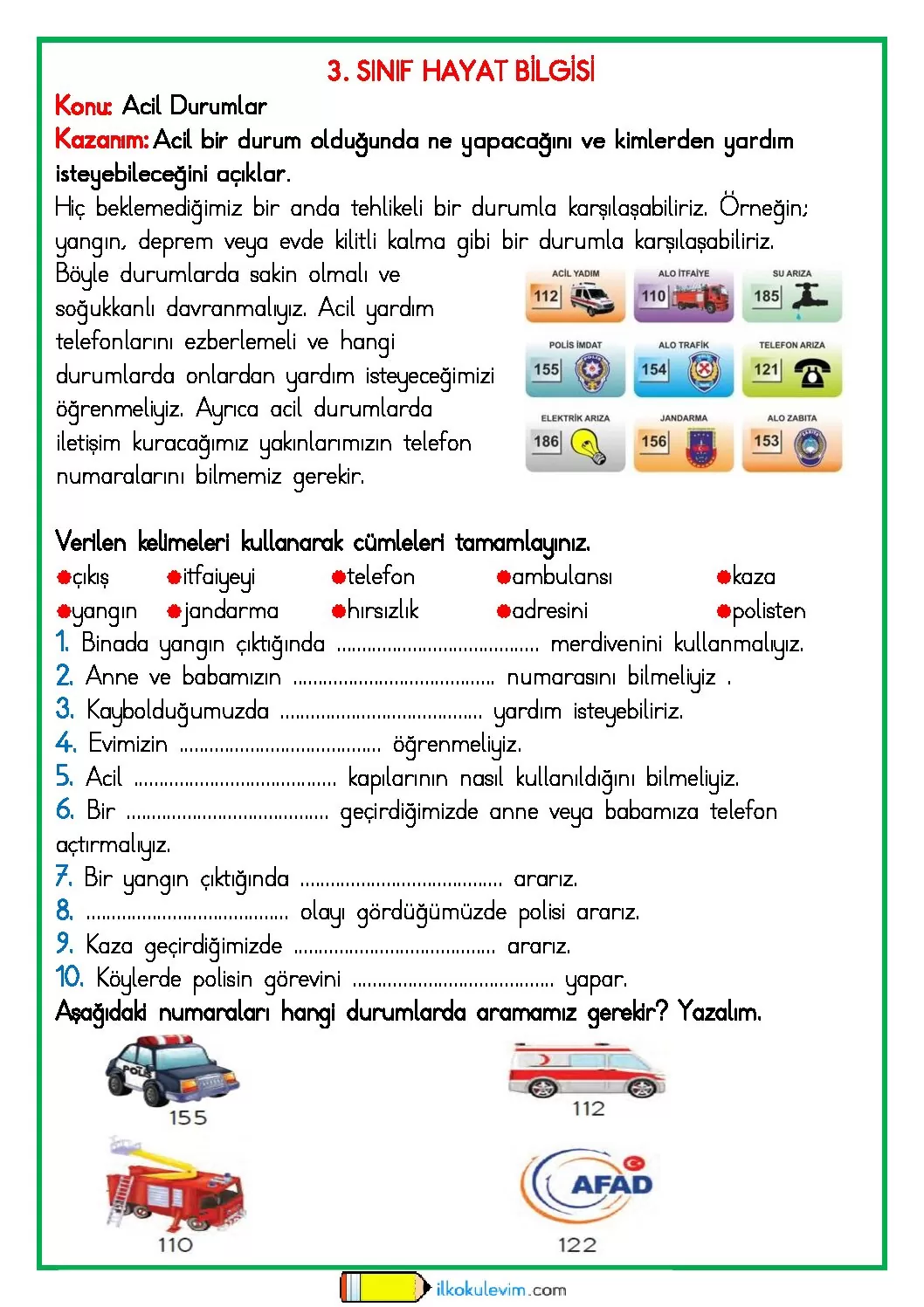 3. Sınıf Hayat Bilgisi Acil Durumlar Etkinliği 1