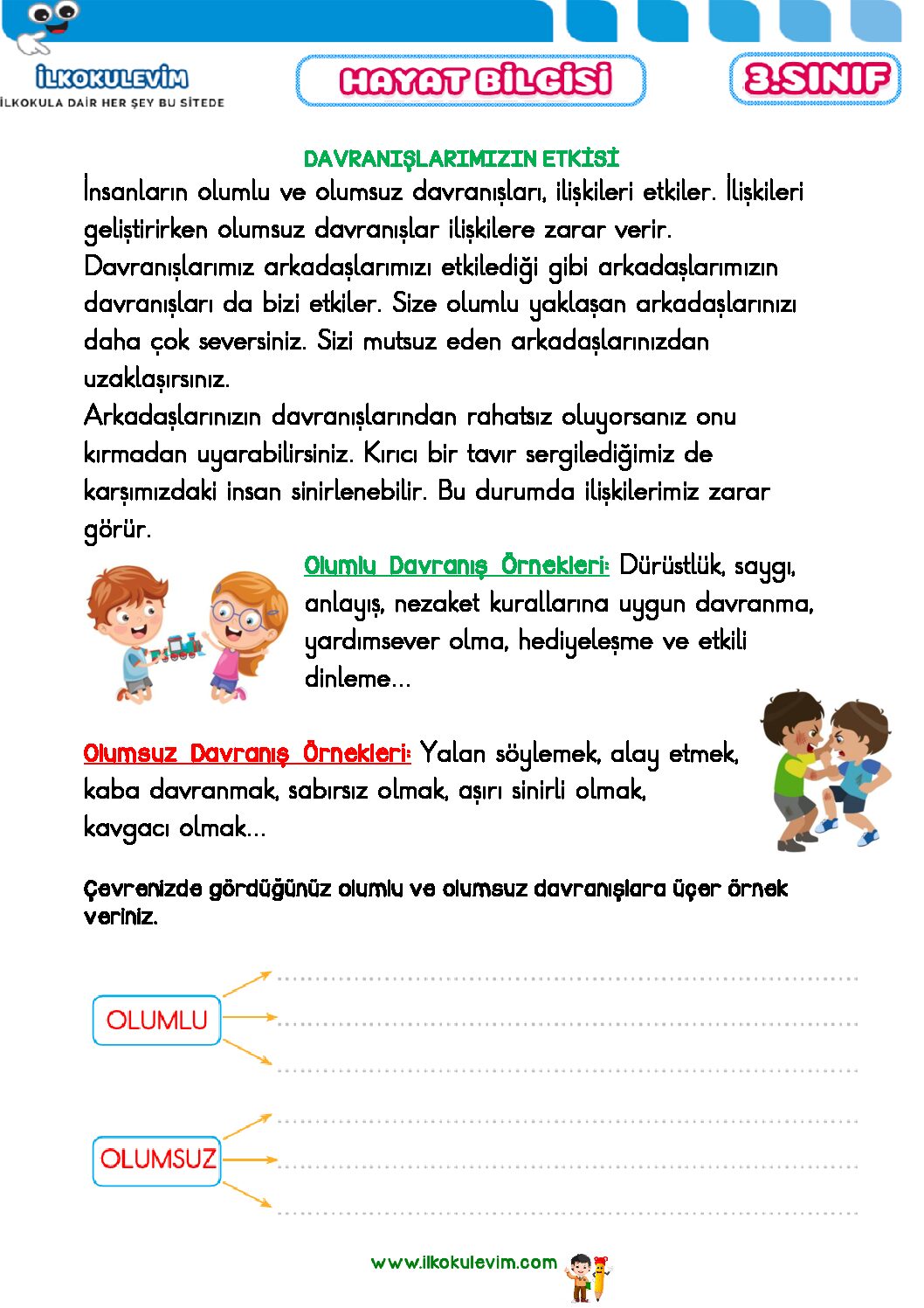 3. Sınıf Hayat Bilgisi Davranışlarımızın Etkisi