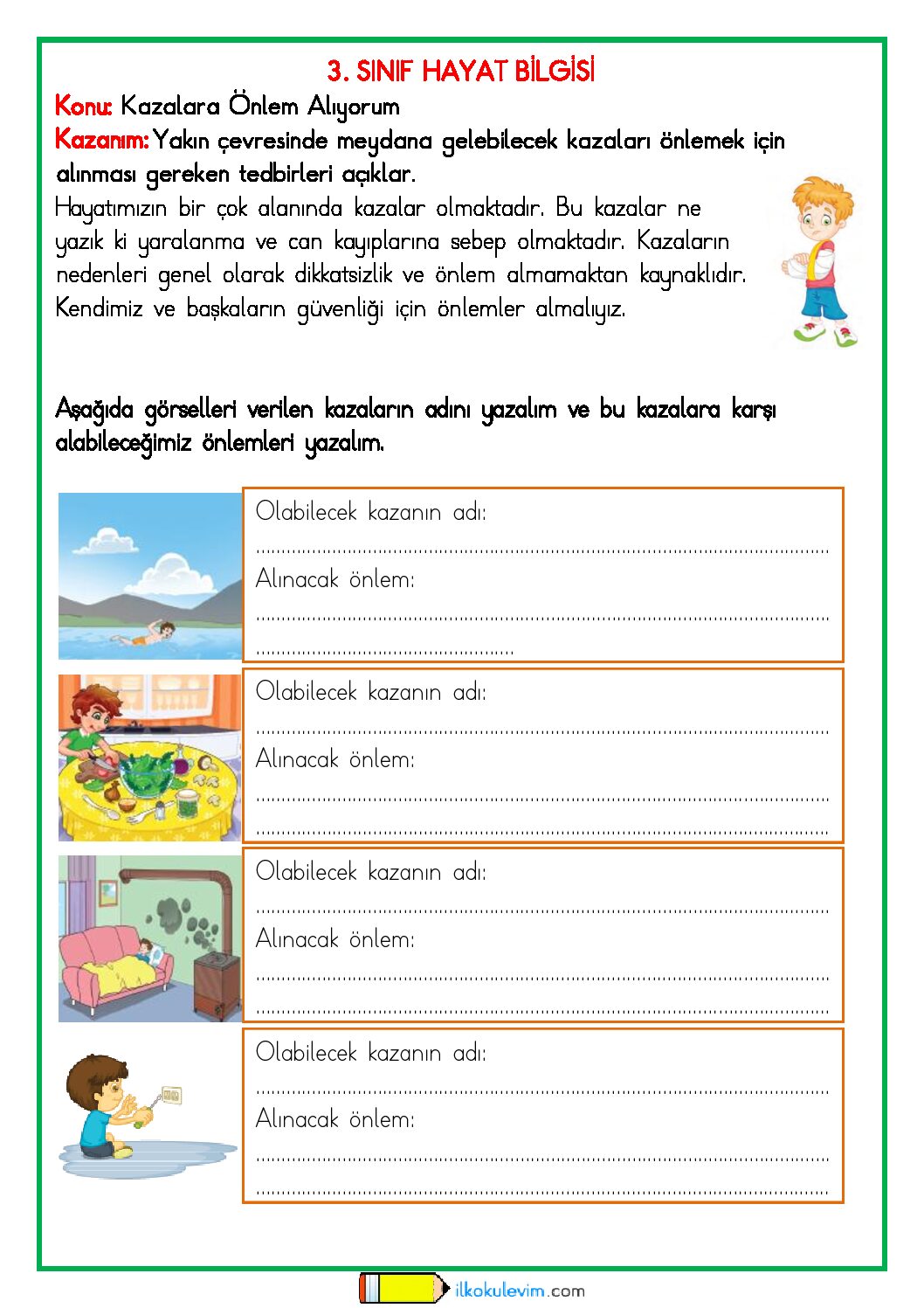 3. Sınıf Hayat Bilgisi Kazalar Etkinliği 1