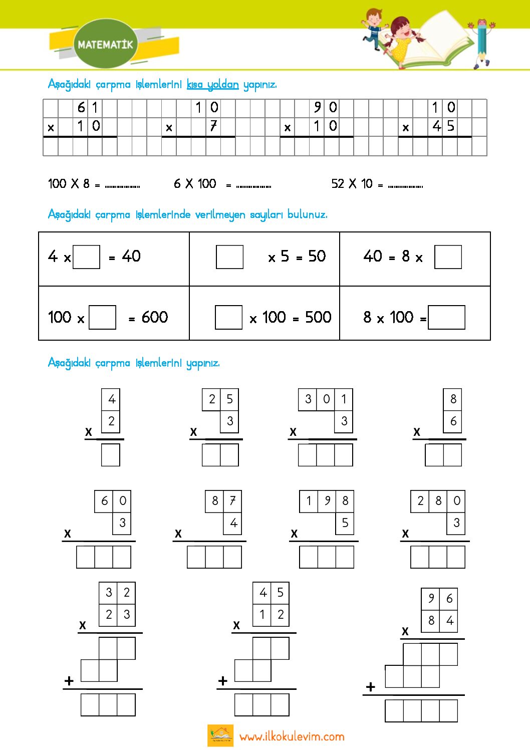 3. Sınıf Matematik Çarpma İşlemi Değerlendirme Yazılısı